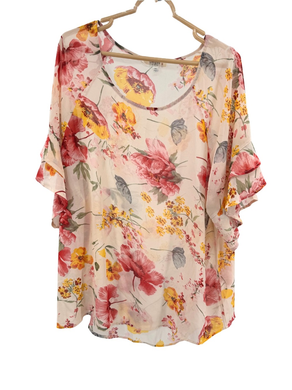 Umgee Floral Sheer Top in Pink Yellow Cream ruffle sleeve 1X flowy feminine plus